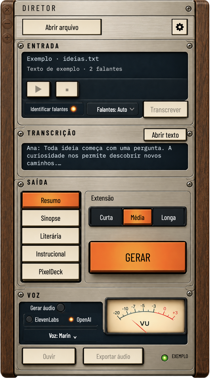 Painel real do Diretor, com controles entalhados na madeira, metal escovado, teclas de marfim e medidor VU.