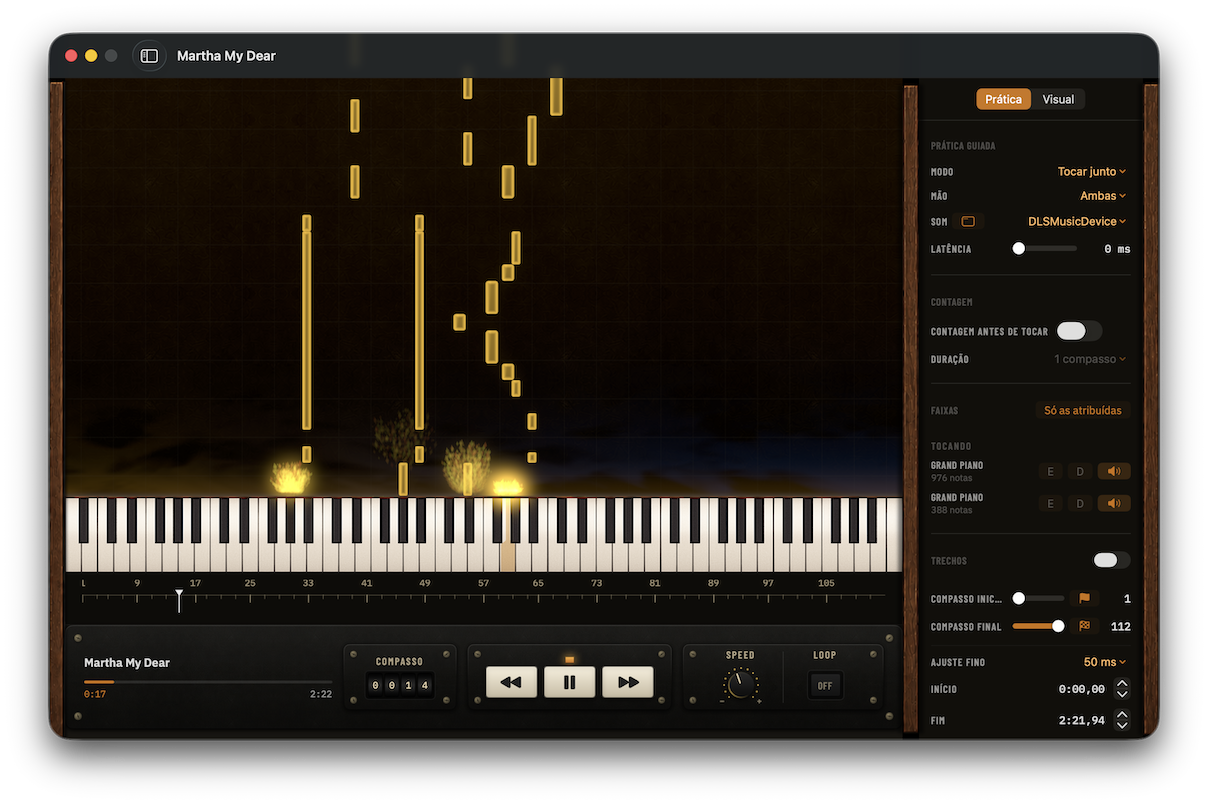 Pianeiro em uso: notas douradas descem sobre um teclado de piano, com controles de reprodução, velocidade e repetição de trechos.