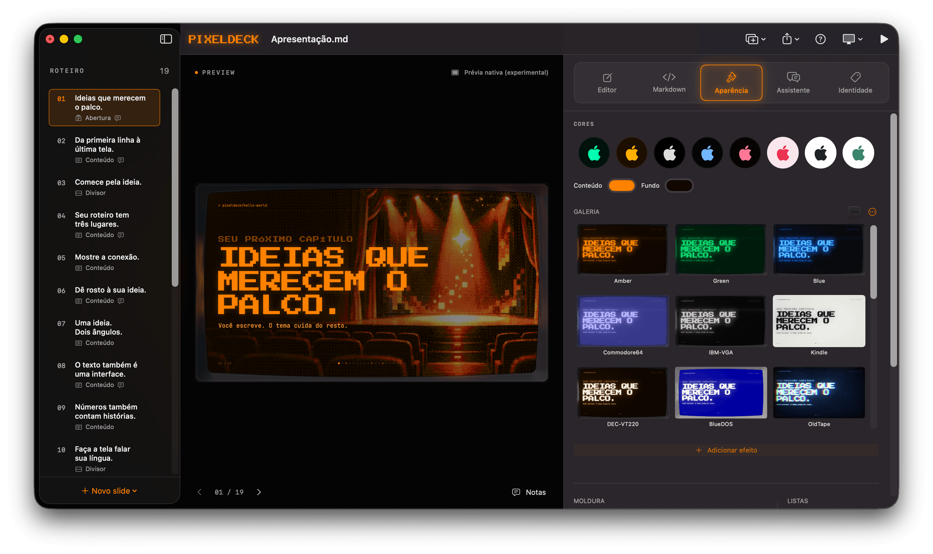 PixelDeck com editor de slides, apresentação em fósforo âmbar e galeria de temas retrô.
